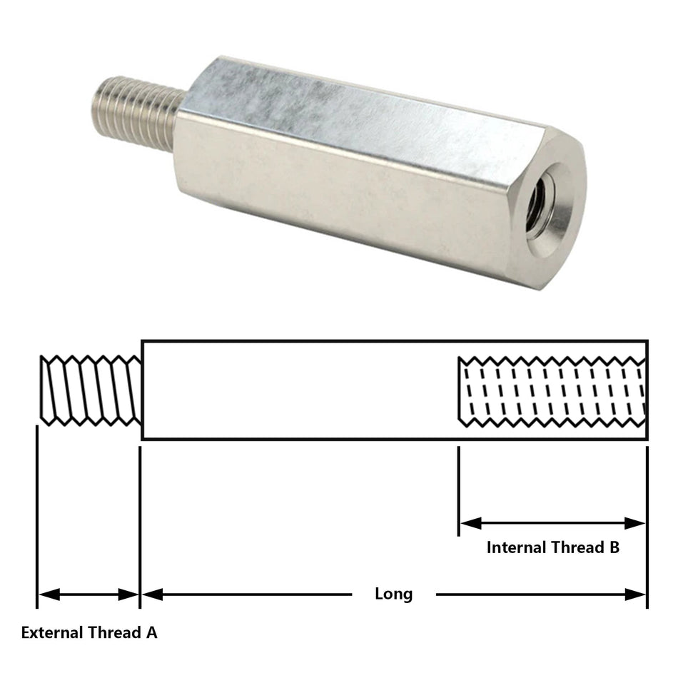 Male-Female Threaded Hex Standoff 18-8 Stainless Steel, 3/8 Hex Size, 4-1/4 Long, 8-32 to 8-32 Thread,External Thread A 8-32 3/8Long,Internal Thread B 8-32 7/16Depth,40pcs/Pack